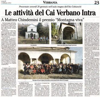A Matteo Chindemini il premio 'Montagna viva' 2012 assegnato dal CAI Verbano Intra